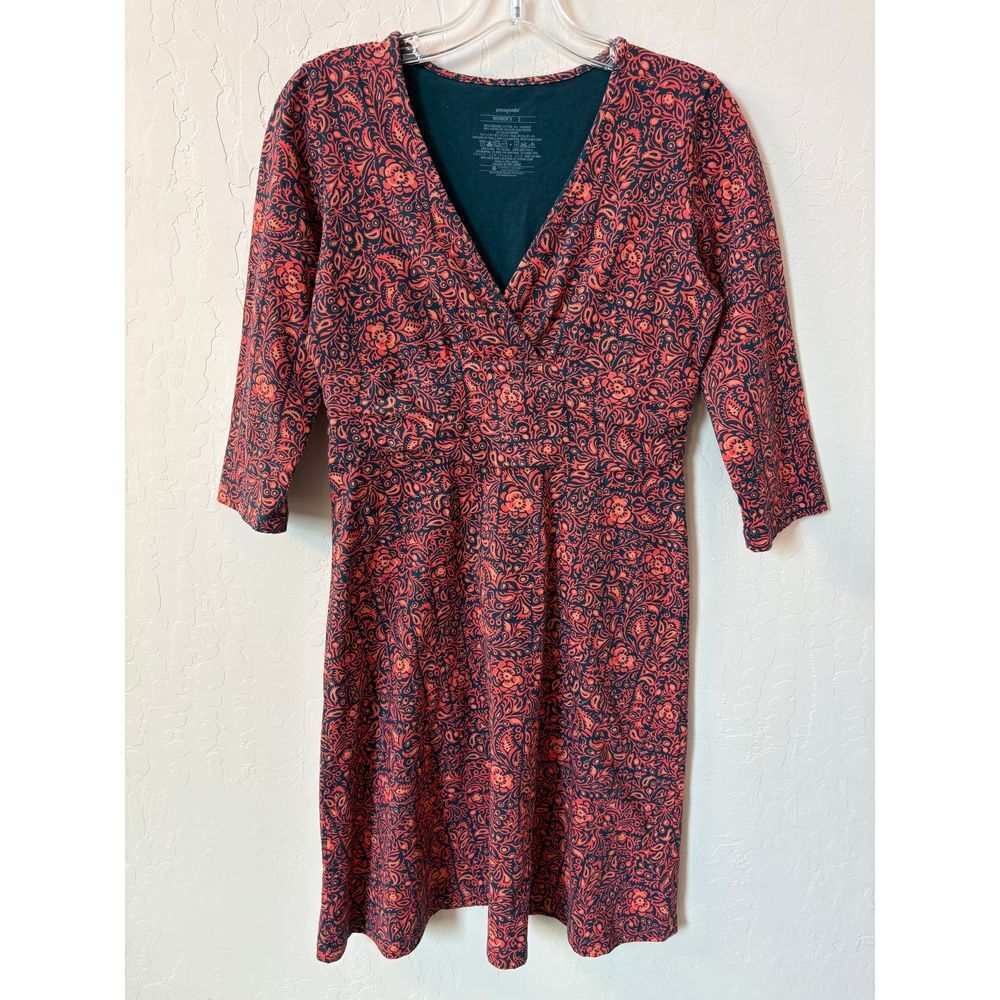 Patagonia Margot Floral V-Neck Faux Wrap Dress Coral‎ Pink Navy 3/4 Sleeve Sz S